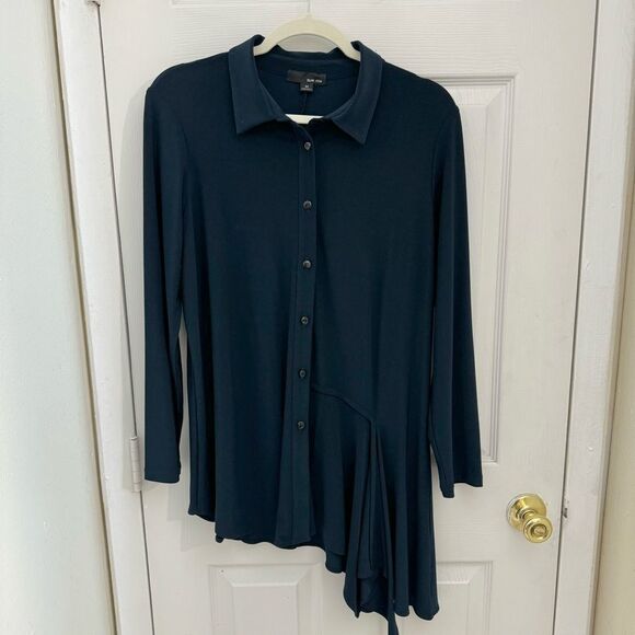 Sun Kim Women’s Asymmetric Hem Flowy Tunic Dress Button Up Size Medium Lagenlook - Picture 1 of 4
